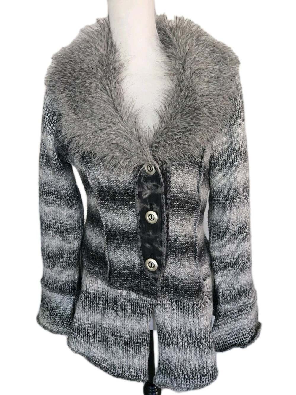 Faux Fur Trim Knit Contemporary Art Sweater Flare Sleeve Button Front Sz L